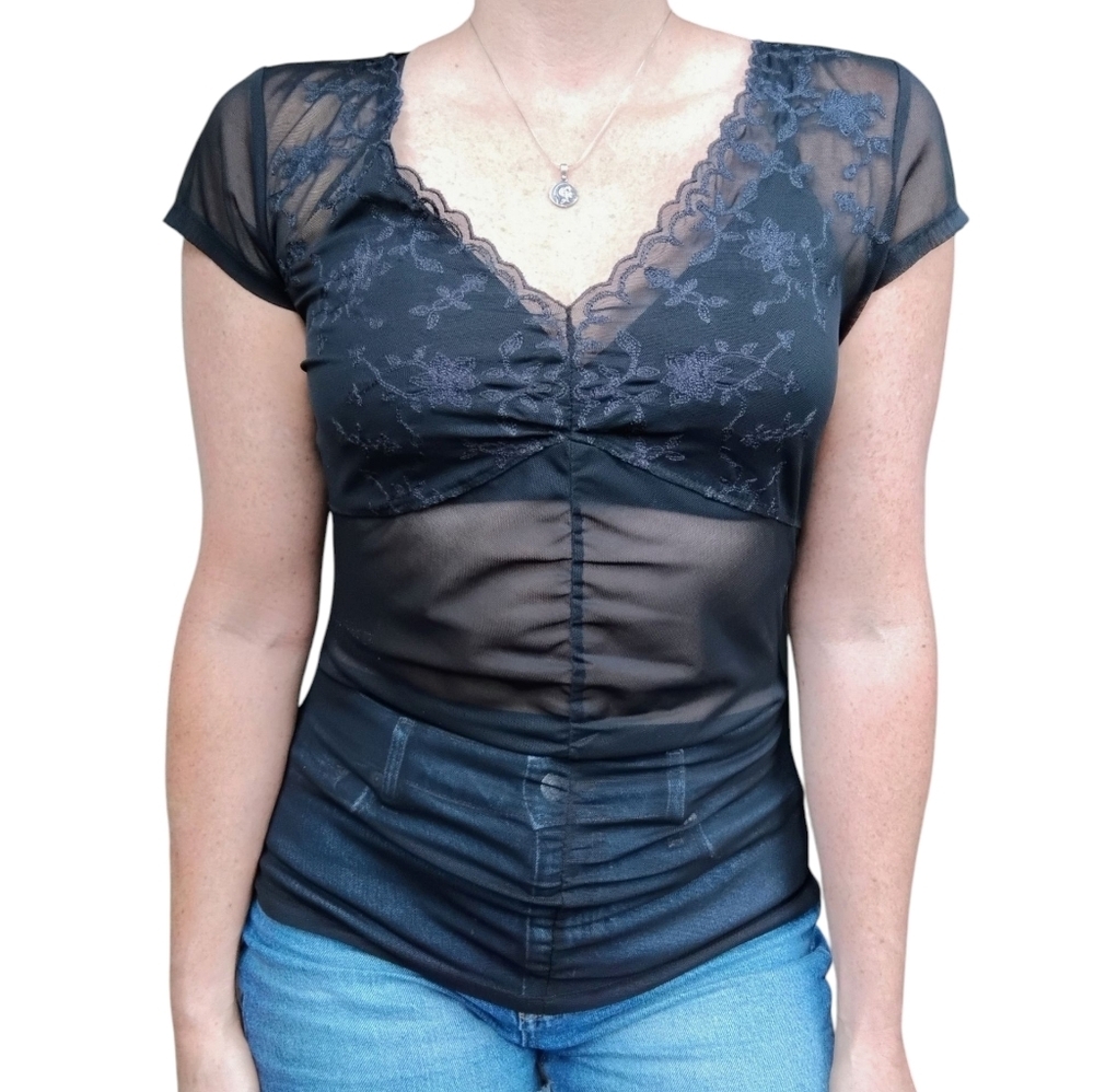 INC Y2K Sheer Mesh Lace Top Womens Medium Black Whimsigoth‎ Witchy Embroidered